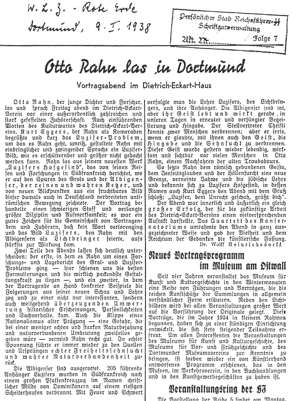 Photocopy of the newspaper coverage of a speech by Otto Rahn