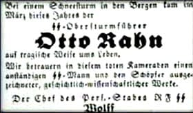 Newspaper report announcing Rahn's death