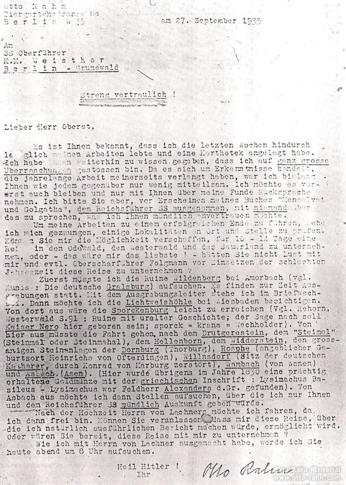 Rahn's letter to Wiligut, 27.9.1935 (page 1)